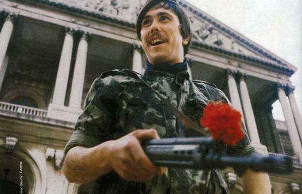 Rebel soldier fighting against the Caetano Salazar dictatorship during the 1975 Carnation Revolution in Portugal