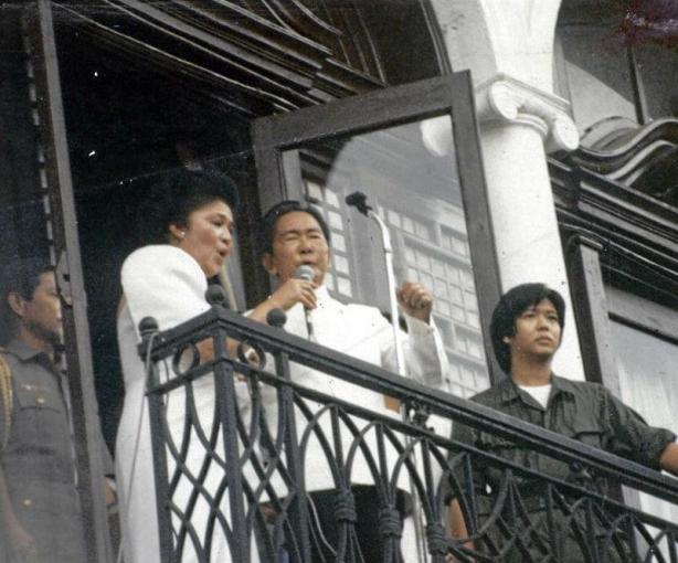 Ferdinand Marcos, Imelda Marcos, and BongBong Marcos (now Senator) at the presidential balcony, morning of February 25, 1986